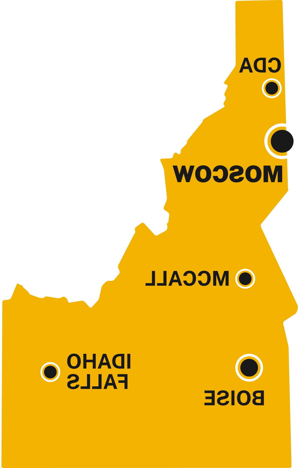 Graphic representation of Idaho and its campuses, research and extension centers in Coeur d’Alene, Moscow, McCall, Boise and Idaho Falls.